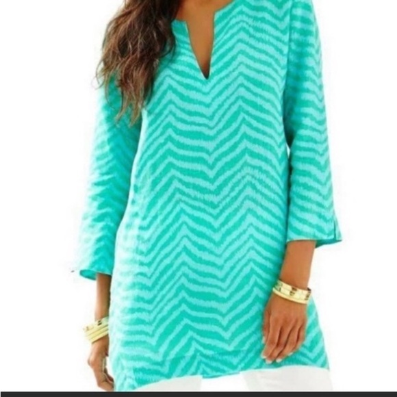 Lilly Pulitzer Tops - LILLY PULITZER GREEN AND BLUE CHEVRON LINEN LONG SLEEVE TUNIC COVERUP TOP